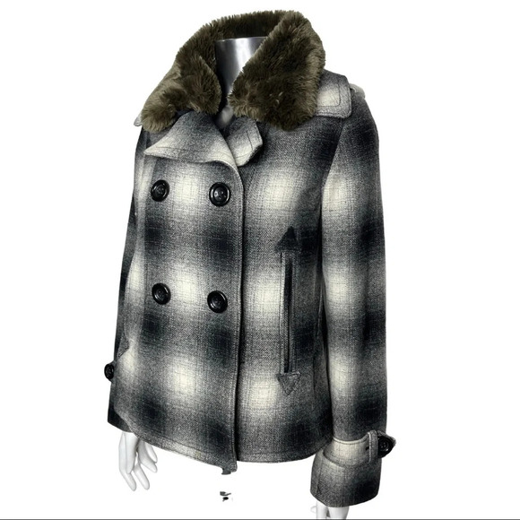Eddie Bauer Pea Coat Wool Blend Plaid Coat Removable Faux Fur Collar  Size XS - Picture 4 of 10